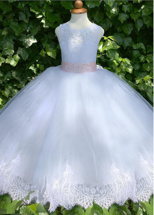 Beaded White Lace Tulle Keyhole Back Romantic Flower Girl Dress